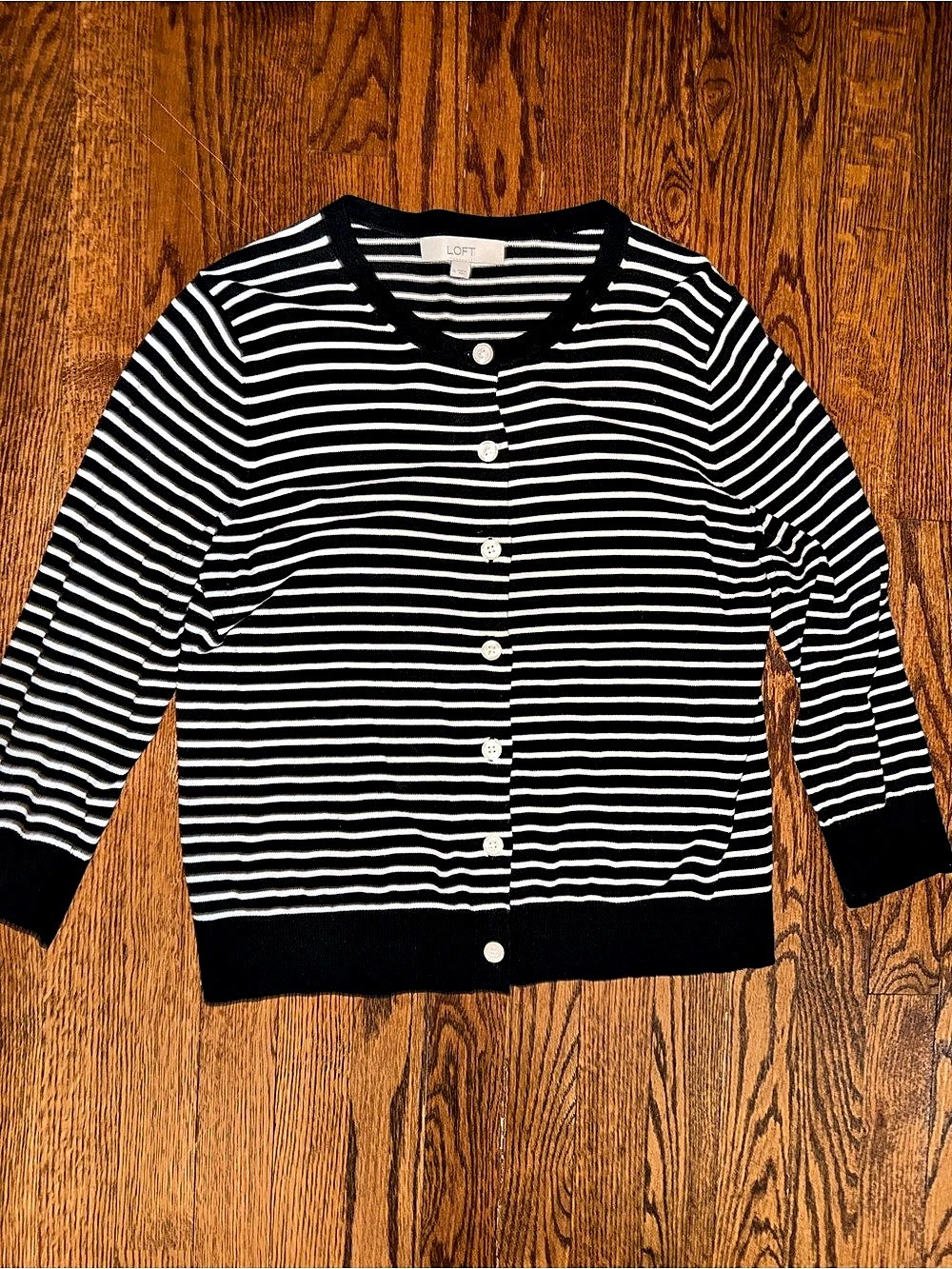 LOFT Striped Button-Front Cardigan in Black & White Size Medium